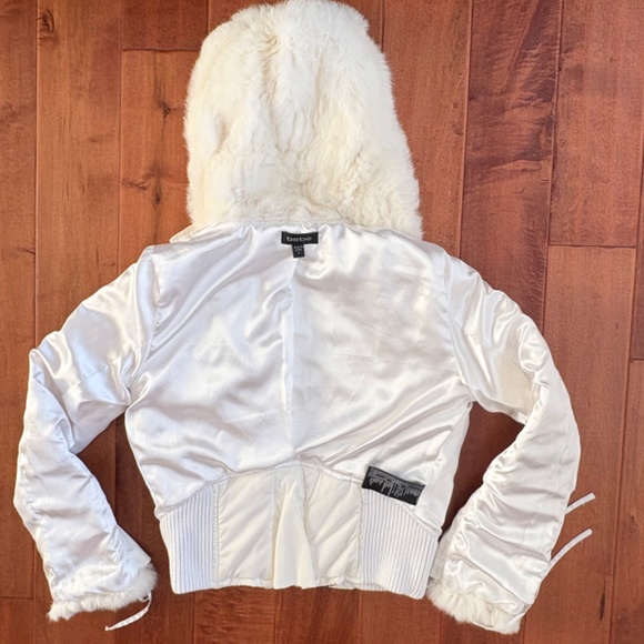 VTG BeBe Hooded Rabbit Fur Puffer Jacket w/ Corset lacing Details Womens S Ivory - Picture 16 of 16